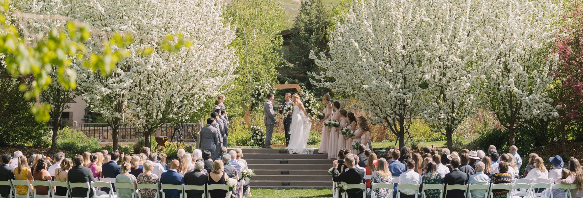 An outdoor wedding ceremony is taking place among blooming trees, with the bride and groom standing on a small stage with guests seated around them.