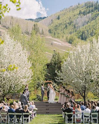 An outdoor wedding ceremony with guests seated on either side of an aisle, set against a backdrop of flowering trees and rolling hills.